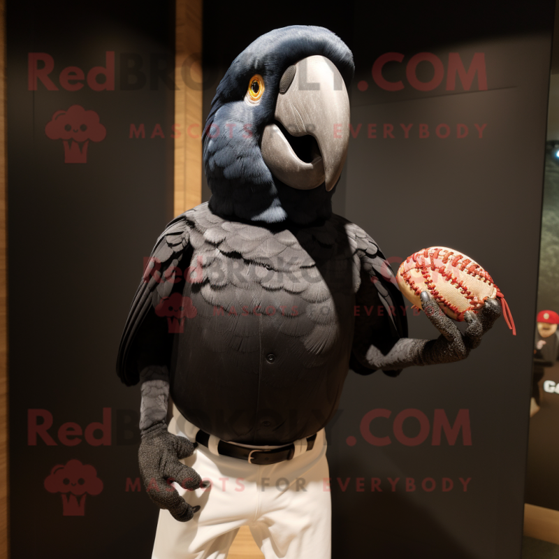 Black Parrot mascot costume character dressed with a Baseball Tee and Earrings Black Parrot mascot costume character dressed with a Baseball Tee and Earrings