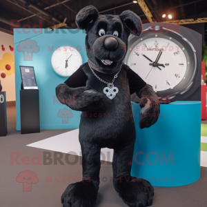 Black Dog mascot costume character dressed with a Playsuit and Bracelet watches