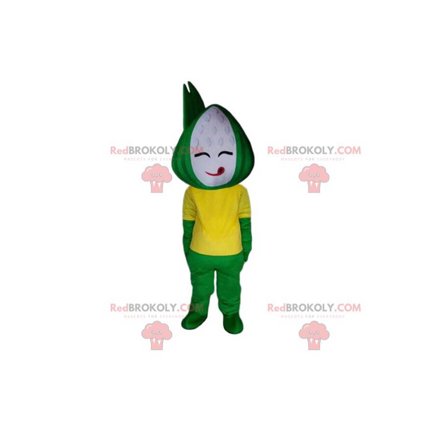 Mascotte de bonhomme vert et jaune, costume de plat chinois -