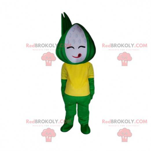 Mascota de muñeco de nieve verde y amarillo, traje de plato