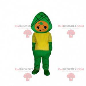 Mascotte de personnage vert et jaune, costume de feuille verte