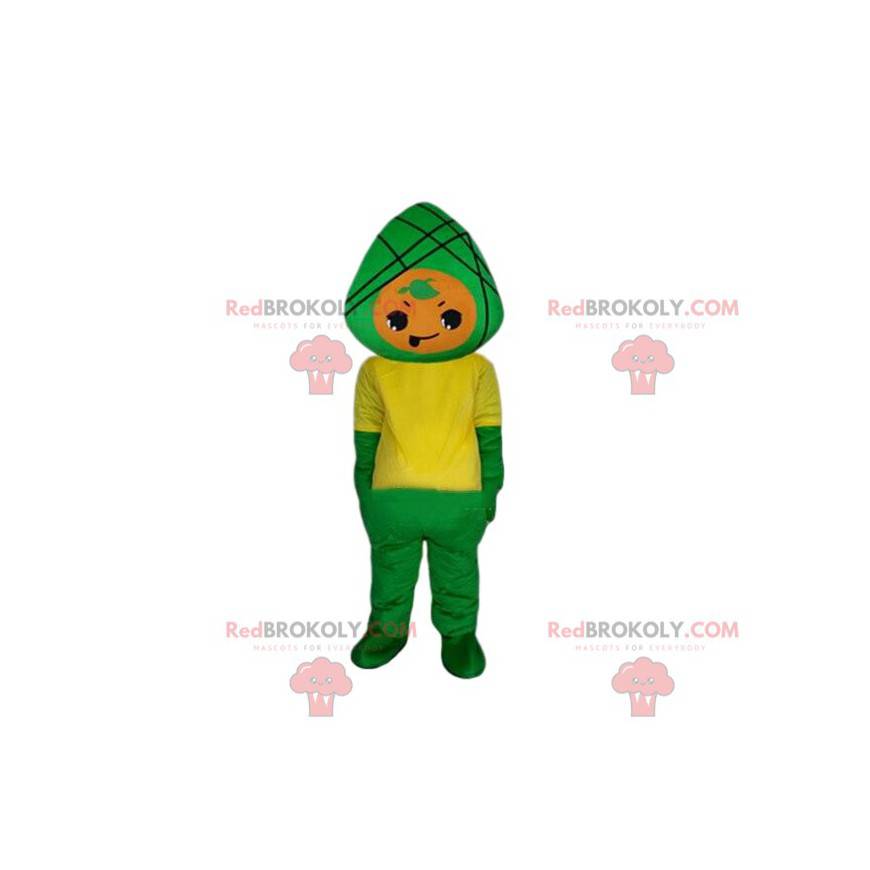 Mascota de personaje verde y amarillo, traje de hoja verde -