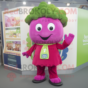 Magenta Broccoli mascot costume character dressed with a Oxford Shirt and Lapel pins