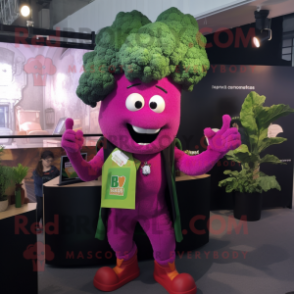 Magenta Broccoli mascot costume character dressed with a Oxford Shirt and Lapel pins