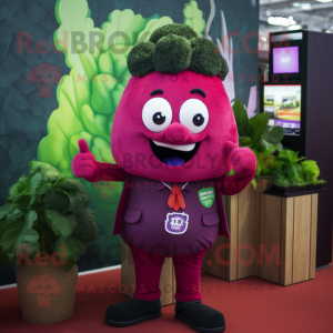 Magenta Broccoli mascot costume character dressed with a Oxford Shirt and Lapel pins