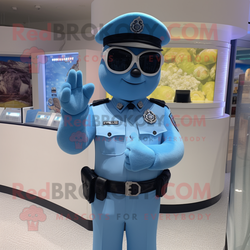 Sky Blue Police Officer mascot costume character dressed with a Swimwear and Bracelets