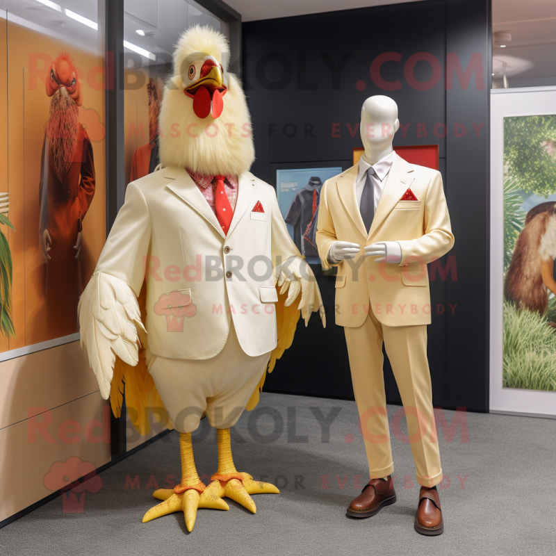 Cream Rooster mascot costume character dressed with a Blazer and Watches Cream Rooster mascot costume character dressed with a Blazer and Watches