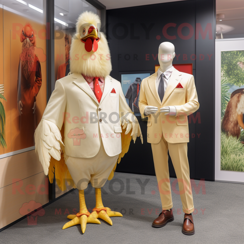 Cream Rooster mascot costume character dressed with a Blazer and Watches