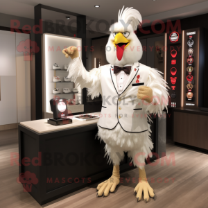 Cream Rooster mascot costume character dressed with a Blazer and Watches