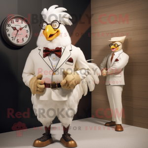 Cream Rooster mascot costume character dressed with a Blazer and Watches