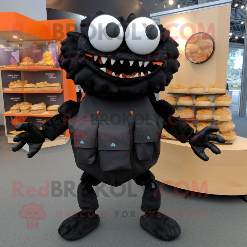 Black Crab Cakes mascot costume character dressed with a Culottes and Backpacks Black Crab Cakes mascot costume character dressed with a Culottes and Backpacks