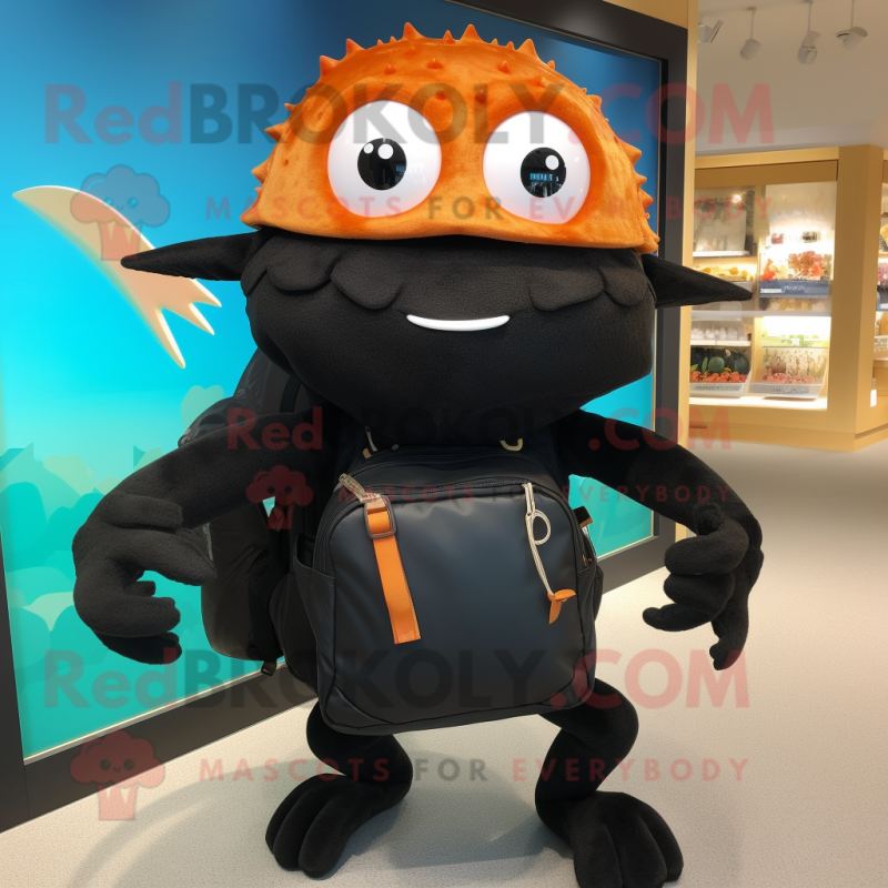 Black Crab Cakes mascot costume character dressed with a Culottes and Backpacks