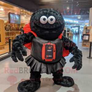 Black Crab Cakes mascot costume character dressed with a Culottes and Backpacks