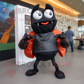 Black Crab Cakes mascot costume character dressed with a Culottes and Backpacks