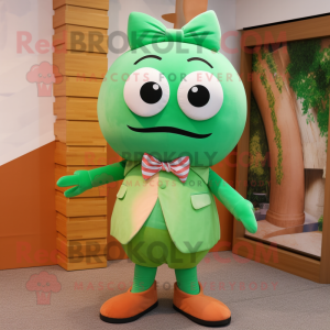 Peach Green Bean mascot costume character dressed with a Polo Shirt and Bow ties