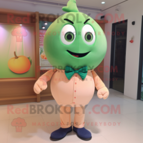 Peach Green Bean mascot costume character dressed with a Polo Shirt and Bow ties