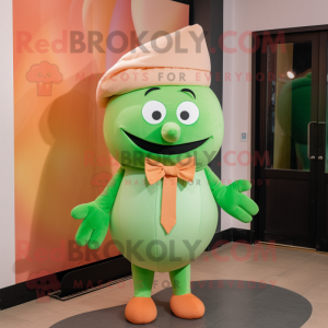 Peach Green Bean mascot costume character dressed with a Polo Shirt and Bow ties