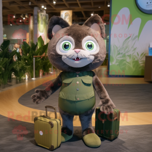 Olive Cat mascot costume character dressed with a Romper and Briefcases