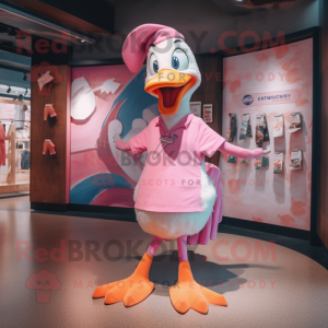 Pink Goose mascot costume character dressed with a Henley Tee and Headbands