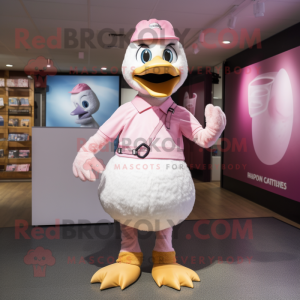 Pink Goose mascot costume character dressed with a Henley Tee and Headbands