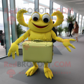 Lemon Yellow Crab mascot costume character dressed with a Maxi Skirt and Briefcases