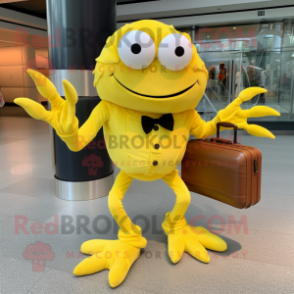 Lemon Yellow Crab mascot costume character dressed with a Maxi Skirt and Briefcases