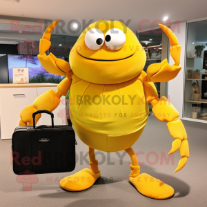 Lemon Yellow Crab mascot costume character dressed with a Maxi Skirt and Briefcases