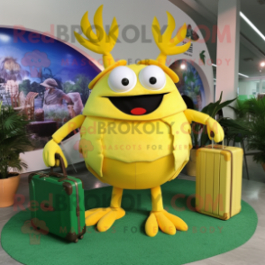 Lemon Yellow Crab mascot costume character dressed with a Maxi Skirt and Briefcases