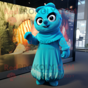 Cyan Cod mascot costume character dressed with a Maxi Dress and Mittens
