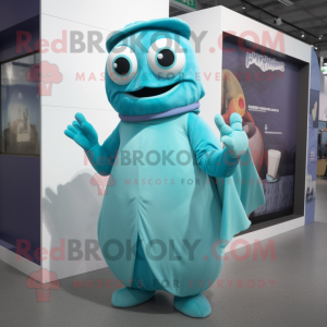 Cyan Cod mascot costume character dressed with a Maxi Dress and Mittens