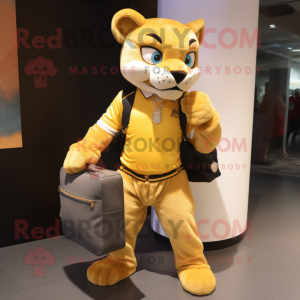 Gold Puma mascot costume character dressed with a Jeans and Briefcases