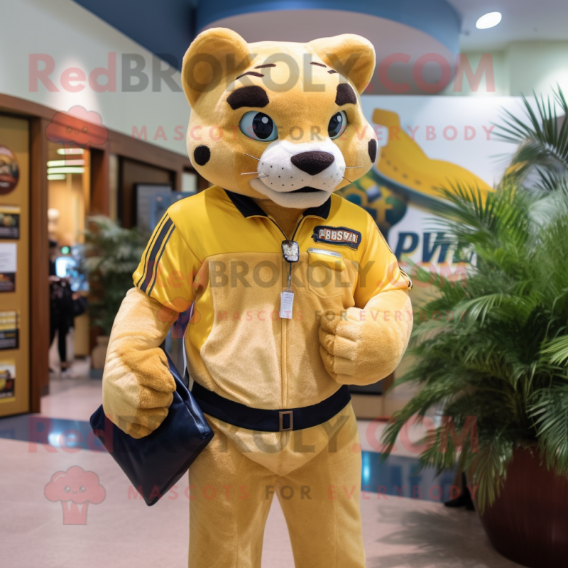 Gold Puma mascot costume character dressed with a Jeans and Briefcases Gold Puma mascot costume character dressed with a Jeans and Briefcases
