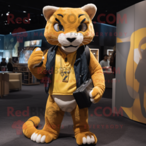 Gold Puma mascot costume character dressed with a Jeans and Briefcases