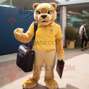 Gold Puma mascot costume character dressed with a Jeans and Briefcases