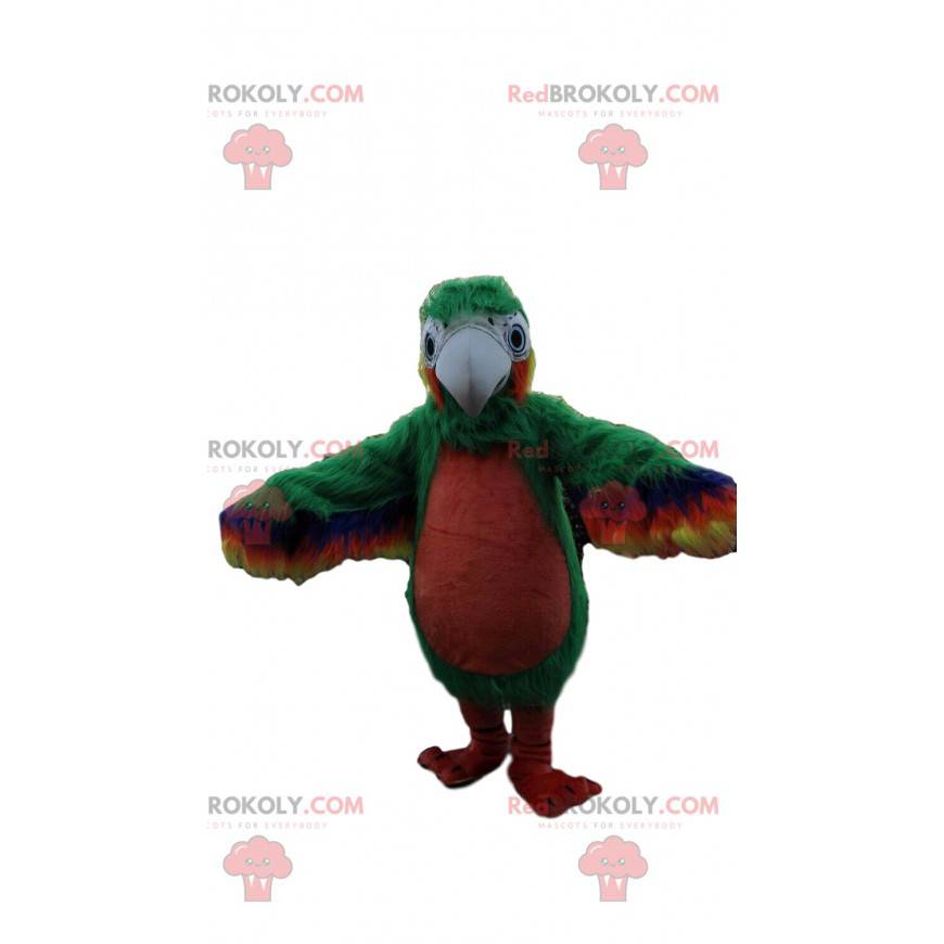 Mascotte de perroquet vert et rouge, costume d'oiseau exotique