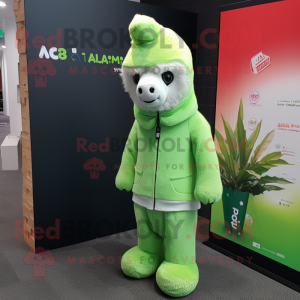 Lime Green Alpaca mascot costume character dressed with a Hoodie and Tie pins