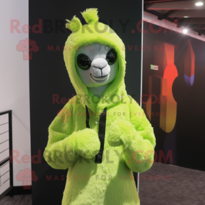 Lime Green Alpaca mascot costume character dressed with a Hoodie and Tie pins