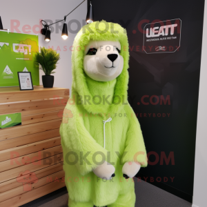 Lime Green Alpaca mascot costume character dressed with a Hoodie and Tie pins