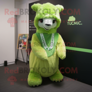 Lime Green Alpaca mascot costume character dressed with a Hoodie and Tie pins