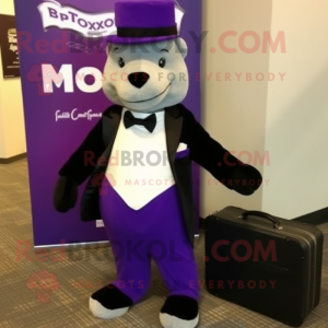 Purple Mongoose mascot costume character dressed with a Tuxedo and Briefcases