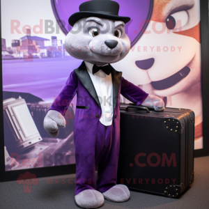 Purple Mongoose mascot costume character dressed with a Tuxedo and Briefcases