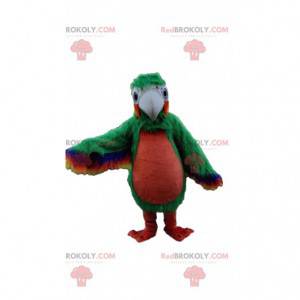 Mascote papagaio verde e vermelho, fantasia de pássaro exótico