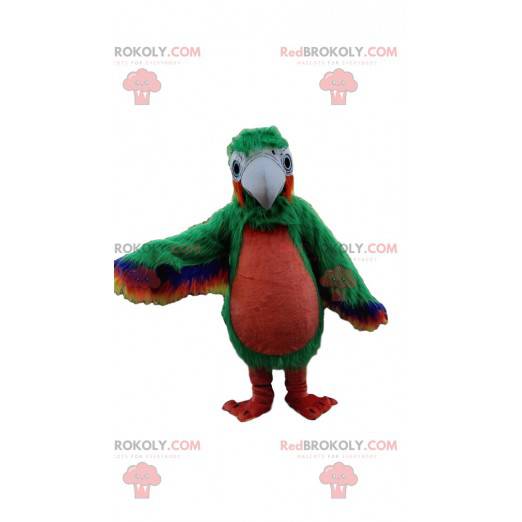 Mascotte de perroquet vert et rouge, costume d'oiseau exotique