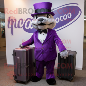 Purple Mongoose mascot costume character dressed with a Tuxedo and Briefcases