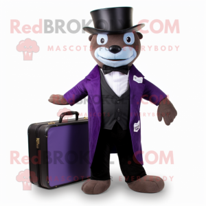 Purple Mongoose mascot costume character dressed with a Tuxedo and Briefcases