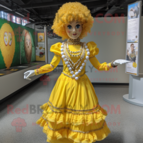 Yellow Irish Dancer mascot costume character dressed with a Ball Gown and Necklaces