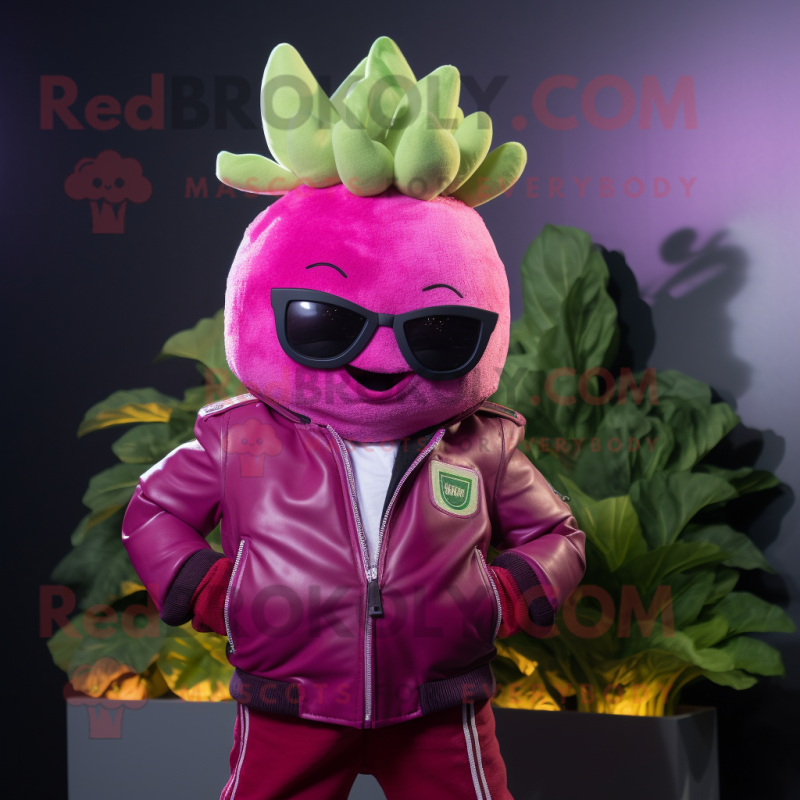 Magenta Turnip mascot costume character dressed with a Leather Jacket and Bracelets