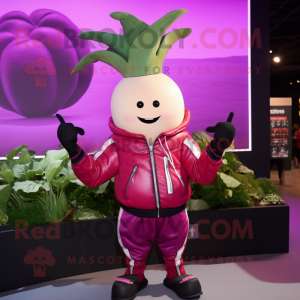 Magenta Turnip mascot costume character dressed with a Leather Jacket and Bracelets