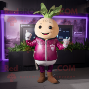 Magenta Turnip mascot costume character dressed with a Leather Jacket and Bracelets