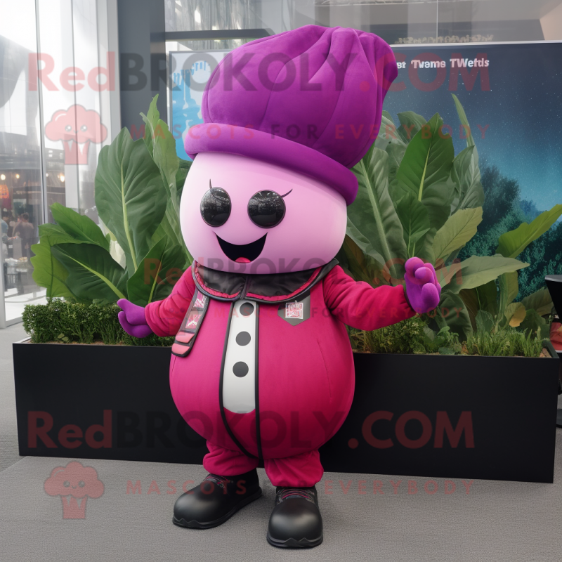 Magenta Turnip mascot costume character dressed with a Leather Jacket and Bracelets